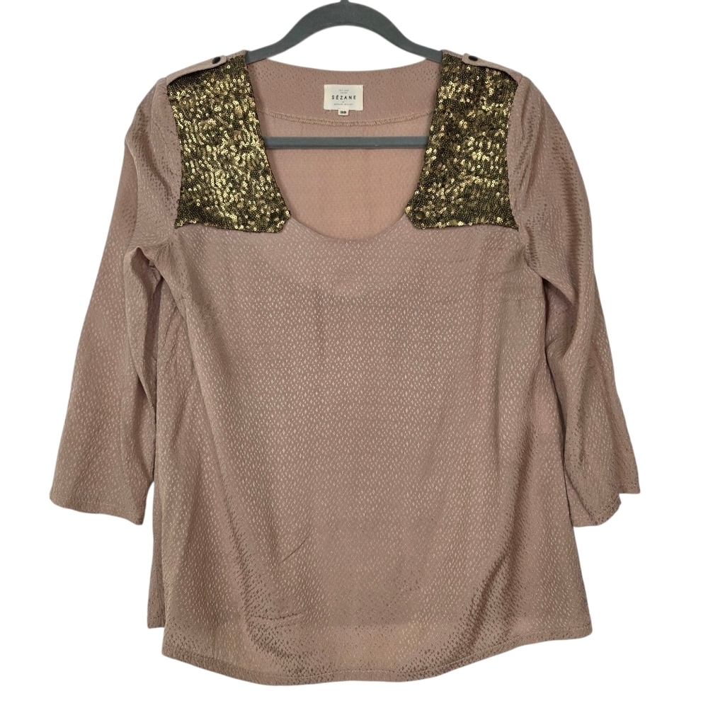 Sezane Textured Fabric With Embellishment 3/4 Sleeves Blouse